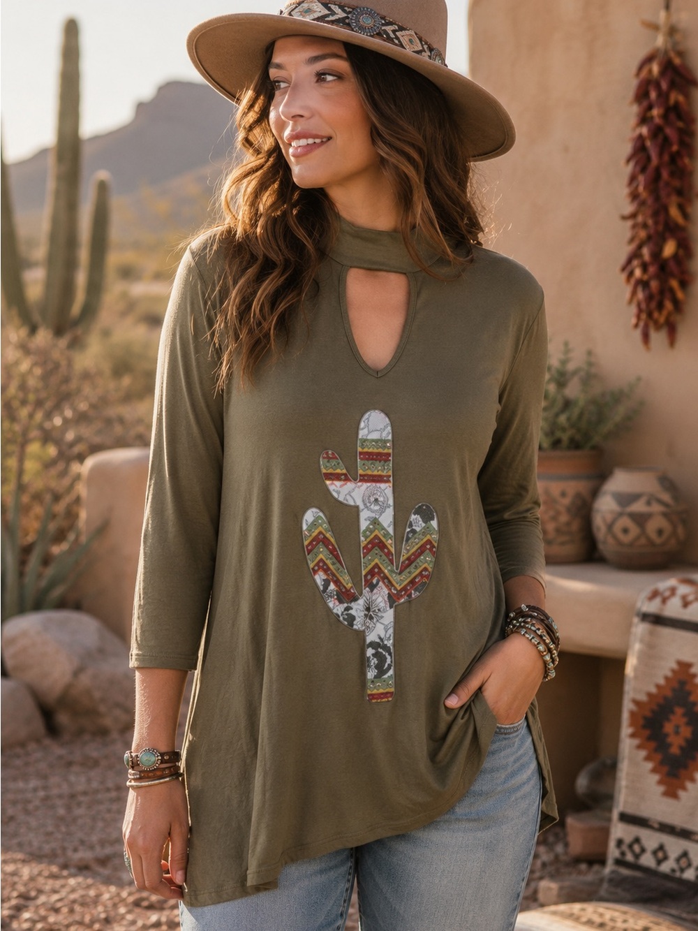 Altar'd State Top Womens Size Small Olive Green Cactus Graphic Keyhole Tunic